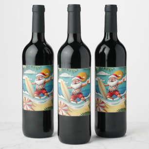Etiqueta Para Botella De Vino Santa en la playa para Navidad de Verano