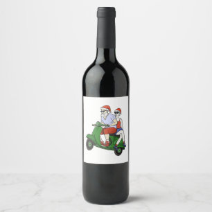 Etiqueta Para Botella De Vino Santa y la Sra. Claus montando una moto