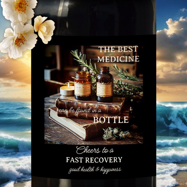 Etiqueta Para Botella De Vino Satisfacer pronto la buena salud (funny wine label featuring a vintage design with herbs, books and medicine bottles - get well soon)