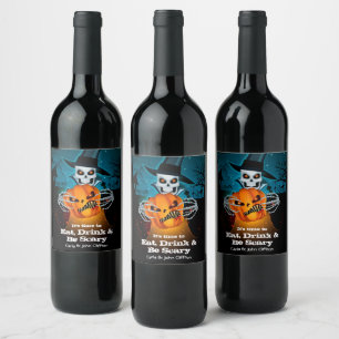 Etiqueta Para Botella De Vino Scary Skeleton y Pumpkin Halloween