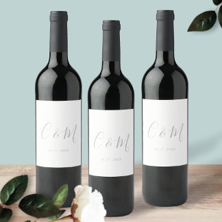 Etiqueta Para Botella De Vino Sello de Boda de Monograma Plateado Elegante