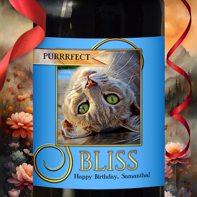Etiqueta Para Botella De Vino Sello de vino gato fino (A pretty funny cat wine label featuring your own photo framed by bright blue and gold design)
