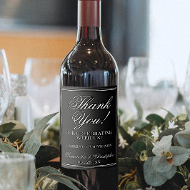 Etiqueta Para Botella De Vino Sencillo blanco elegante sobre negro Boda Gracias