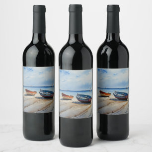 Etiqueta Para Botella De Vino "Serenity Shores" Una Tranquila capa marina de acu