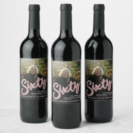 Etiqueta Para Botella De Vino Sesenta y sesenta años purpurina de guión gráfico