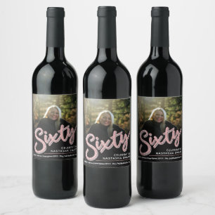 Etiqueta Para Botella De Vino Sesenta y sesenta años purpurina de guión gráfico 