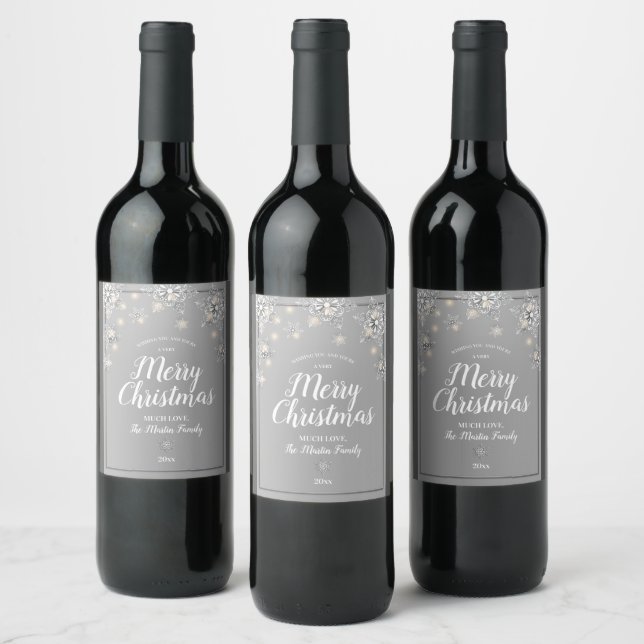 Etiqueta Para Botella De Vino Silver Sparkle Merry Christmas (Botellas)