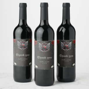 Etiqueta Para Botella De Vino Simbiosis gótica, corazón elegante y cráneos