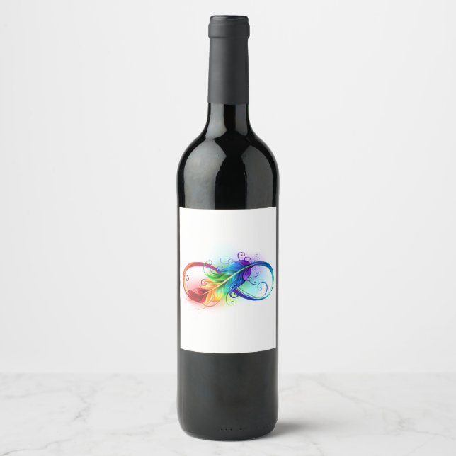 Etiqueta Para Botella De Vino Símbolo infinito con plumas arcoiris (Anverso)