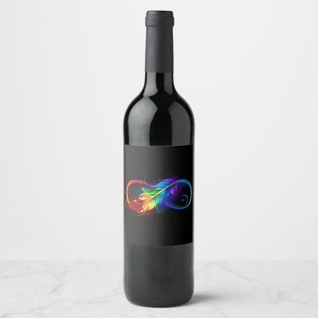 Etiqueta Para Botella De Vino Símbolo infinito con plumas arcoiris (Anverso)
