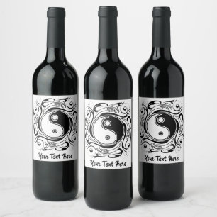 Etiqueta Para Botella De Vino Símbolo Yin & Yang negro y blanco estilo tatuaje