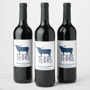 Etiqueta Para Botella De Vino Símbolos de Texas, Longhorn, azul marino