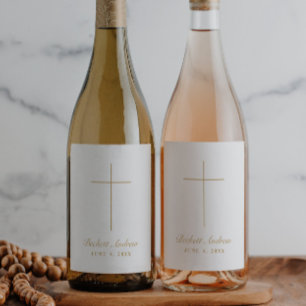 Etiqueta Para Botella De Vino Simple Cruz de Oro Script Bautizo