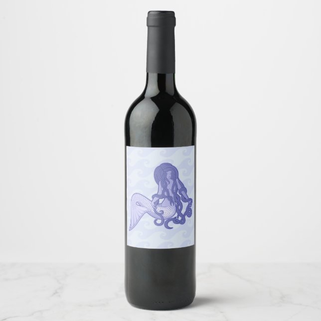 Etiqueta Para Botella De Vino Sitting Mermaid Blue (Anverso)