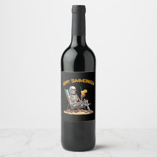 Etiqueta Para Botella De Vino Skeleton Beach Lounging Halloween