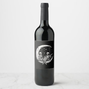 Etiqueta Para Botella De Vino Skeleton Couple Moon Guitar