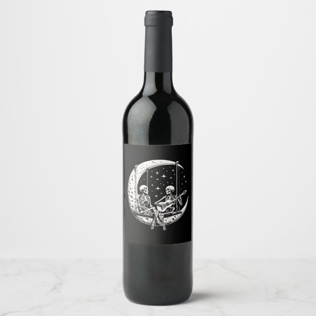 Etiqueta Para Botella De Vino Skeleton Couple Moon Guitar (Anverso)