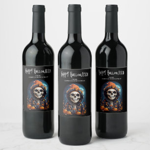 Etiqueta Para Botella De Vino Skeleton espeluznante con calabazas malvadas