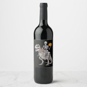 Etiqueta Para Botella De Vino Skeleton Riding Mummy Dinosaur T rex Halloween