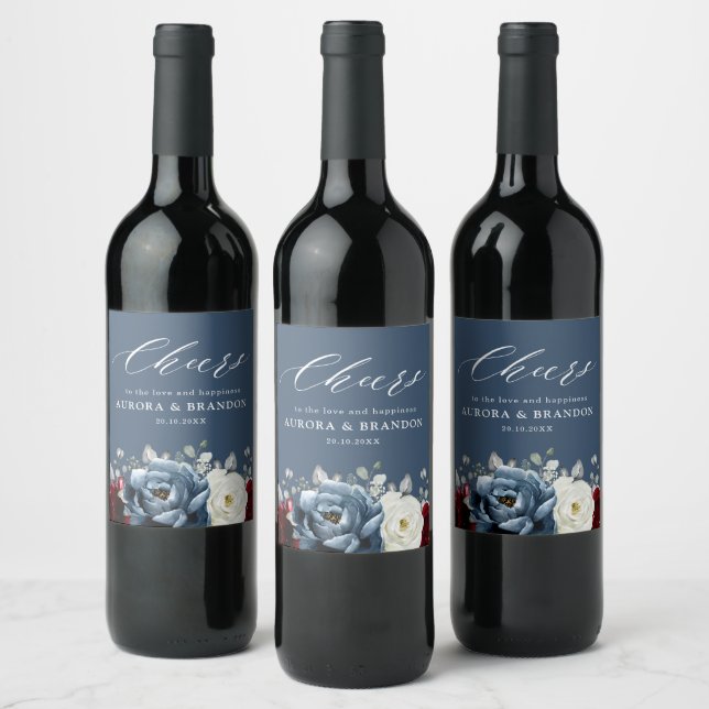 Etiqueta Para Botella De Vino Slate Blue Burgundy White Ivory Floral Wedding Wi (Botellas)