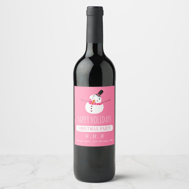 Etiqueta Para Botella De Vino Snowman rosado, Fiesta de Navidades (Anverso)