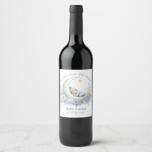 Etiqueta Para Botella De Vino Sobre la Luna Azul Baby Shower con Nombre Personal