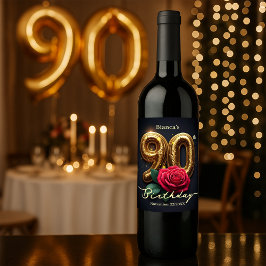 Etiqueta Para Botella De Vino Sofisticada Moda Rojo Rosa Dorado 90 cumpleaños