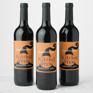 Etiqueta Para Botella De Vino Sombrero de Bruja Negra en Etiqueta Editable de Vi