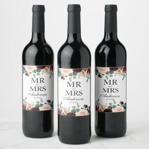 Etiqueta Para Botella De Vino Sr. y Sra. Burgundy Blue Floral Boda