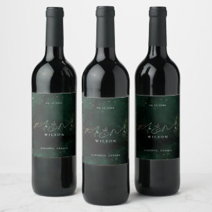 Etiqueta Para Botella De Vino Sr. y Sra. Script Emerald Green Magical Gold