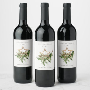 Etiqueta Para Botella De Vino Star Ornament Pine Branch Fauna Merry Christmas Wi