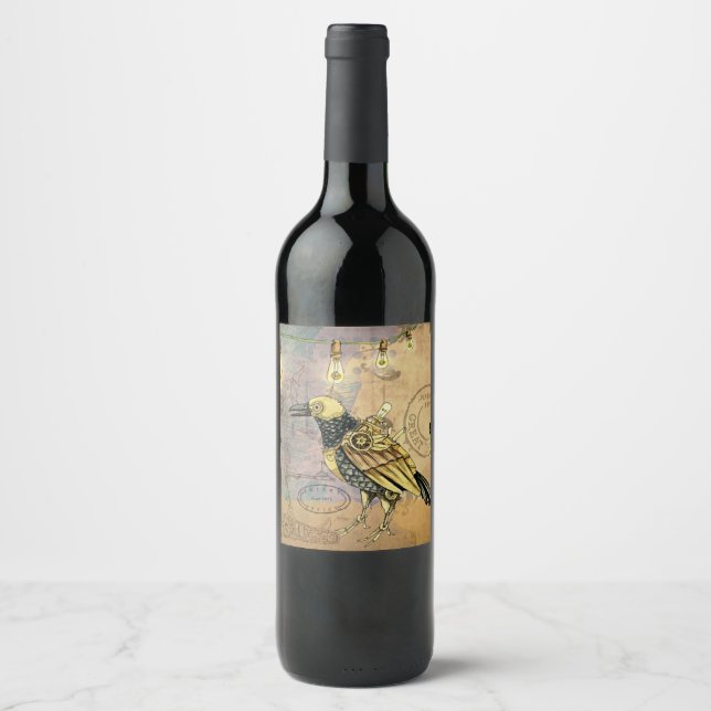 Etiqueta Para Botella De Vino Steampunk Crow (Anverso)