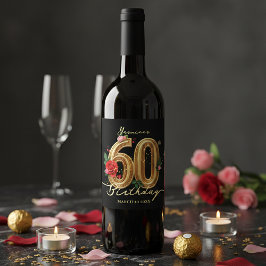 Etiqueta Para Botella De Vino Stylish 60th Birthday Black Gold Red Pink Roses