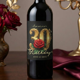 Etiqueta Para Botella De Vino Stylish Black Gold Red Rose Floral 30th Birthday