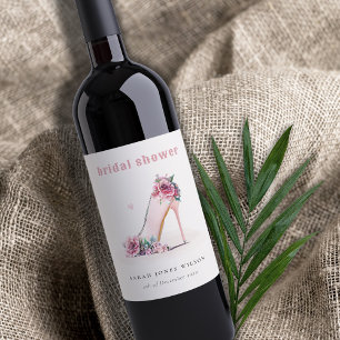 Etiqueta Para Botella De Vino Suave ducha de novia floral de tacones altos rosad