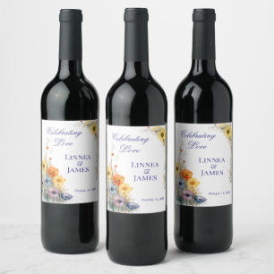 Etiqueta Para Botella De Vino Suaves flores silvestres neutras boda marfil azul