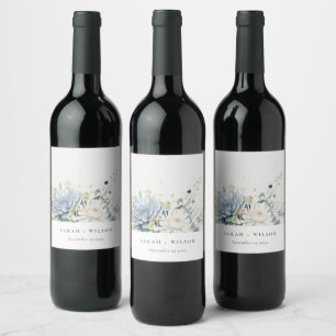 Etiqueta Para Botella De Vino Suculento Boda botánico floral suave azul verde