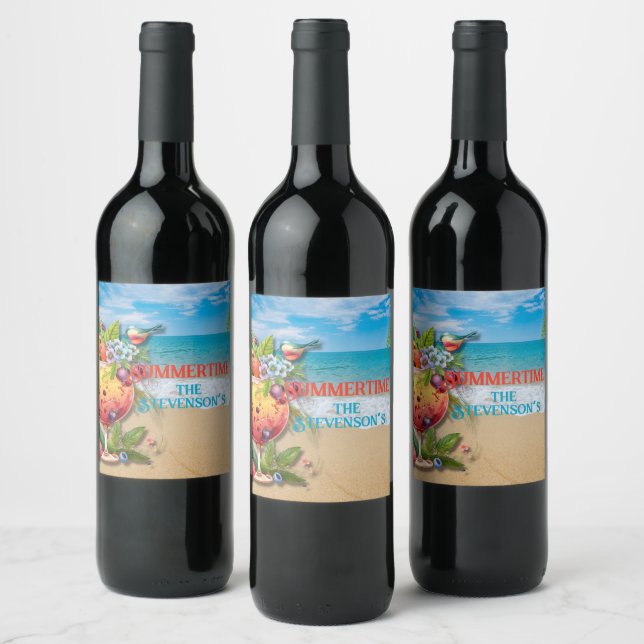 Etiqueta Para Botella De Vino Summertime Personalizado Name Beach Ocean (Botellas)