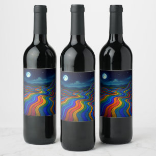 Etiqueta Para Botella De Vino Surreal Dreamscape Moonlight Rainbow Land
