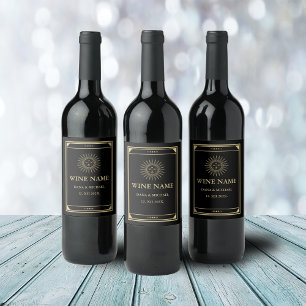 Etiqueta Para Botella De Vino Tarot Elegante Oro Negro Vintage Sol Luna