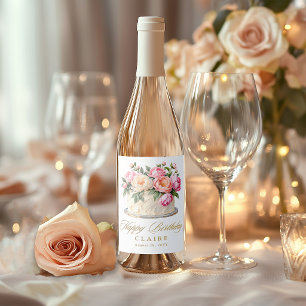Etiqueta Para Botella De Vino Tarta de cumpleaños personalizada floral femenina