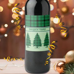 Etiqueta Para Botella De Vino Tartán Pine Trees verde negro y acogedor