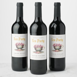 Etiqueta Para Botella De Vino Taza de té floral de oro rosa para fiesta de té de