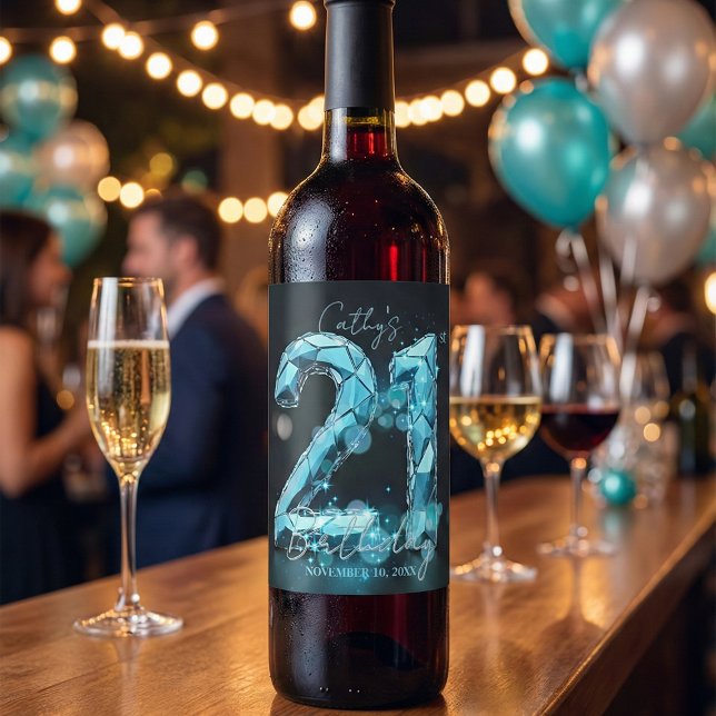Etiqueta Para Botella De Vino Teal Blue Crystal Faceted 21st Birthday Party (Subido por el creador)