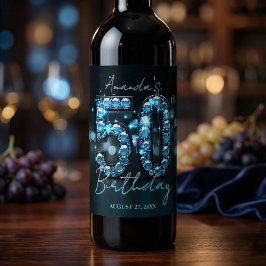 Etiqueta Para Botella De Vino Teal Blue Diamonds Glamorous 50th Birthday