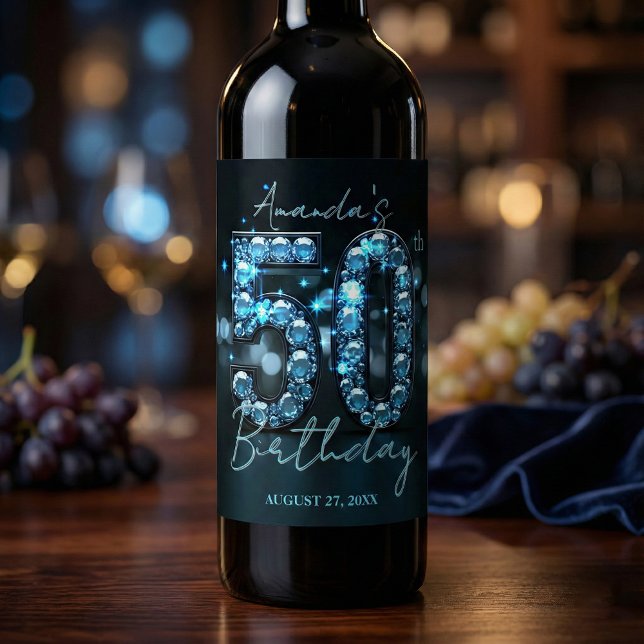 Etiqueta Para Botella De Vino Teal Blue Diamonds Glamorous 50th Birthday (Subido por el creador)