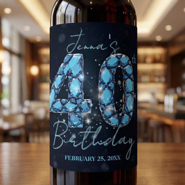 Etiqueta Para Botella De Vino Teal Blue Sapphire Gemstone Glam 40th Birthday  (Subido por el creador)