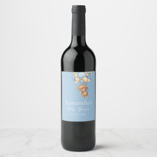 Etiqueta Para Botella De Vino Teddy Bear Balón Azul ducha de bebé Wine La