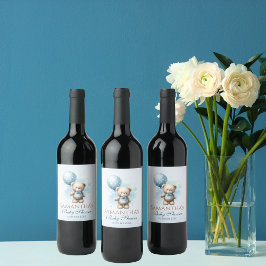 Etiqueta Para Botella De Vino Teddy Bear & Blue Balloon Baby Boy Ducha Pastel