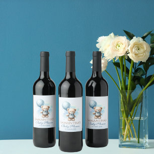 Etiqueta Para Botella De Vino Teddy Bear Blue Balloon Baby Shower